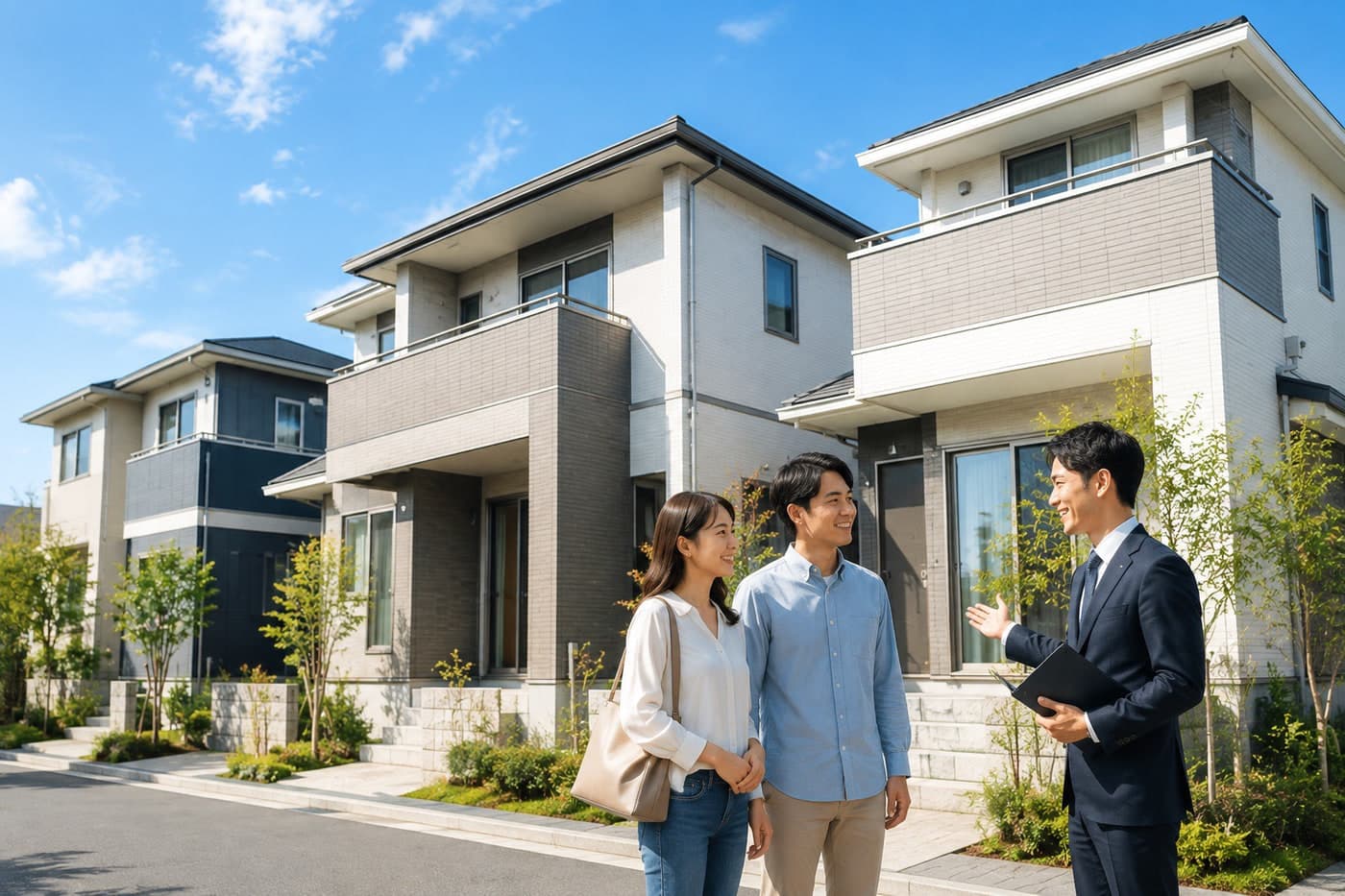 戸建住宅の前で購入の相談をするご家族と担当者